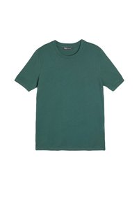 Kurzarm-T-Shirt in Dunkelgrün, aus weichem Stoff, mit Rundhalsausschnitt und lockerer Passform sowie glatter Textur.