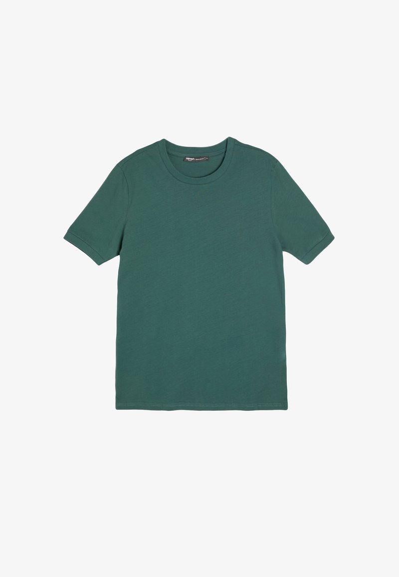 T-shirt a maniche corte di colore verde scuro, realizzato in tessuto morbido, con collo a giro e una vestibilità morbida caratterizzata da una texture liscia.