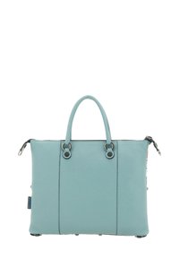 Borsa in pelle di colore azzurro chiaro con finitura texturizzata, doppi manici superiori, chiusura a zip e dettagli in metallo argentato.