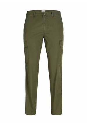 Męskie spodnie typu cargo w oliwkowym zielonym kolorze z bocznymi kieszeniami, zapięciem na guzik, szlufkami na pasek oraz prostymi nogawkami.