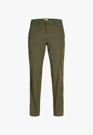 Pantaloni cargo verde oliva da uomo con tasche laterali, chiusura con bottoni, passanti per cintura e gambe dritte.