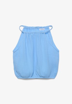 Top senza maniche azzurro chiaro realizzato in tessuto strutturato, con scollo arricciato e vita elasticizzata dotata di piccole tasche laterali.