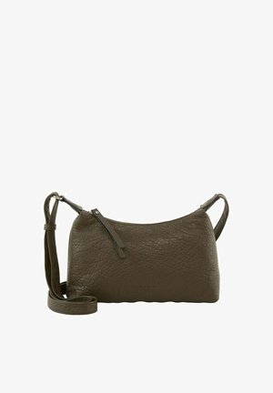 Sötétzöld bőr kézitáska lekerekített formával, texturált felülettel és keresztpánttal. Cipzáros záródással és minimális fémrészekkel rendelkezik.