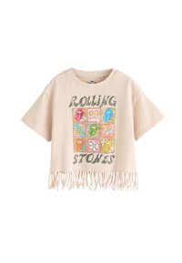 Világos rózsaszín, rövidített póló rojtos szegéllyel, többszínű grafikával és vastag betűs "Rolling Stones" felirattal. Pamut anyagból.