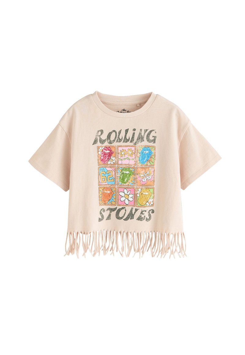 Világos rózsaszín, rövidített póló rojtos szegéllyel, többszínű grafikával és vastag betűs "Rolling Stones" felirattal. Pamut anyagból.
