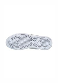 White rubber shoe sole with a textured pattern and DC logo. Features grip patterns and a layered design for traction and support.