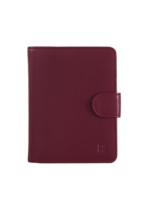 Burgundy leather wallet with a smooth texture, rectangular shape, snap closure, and embossed logo in the bottom right corner.