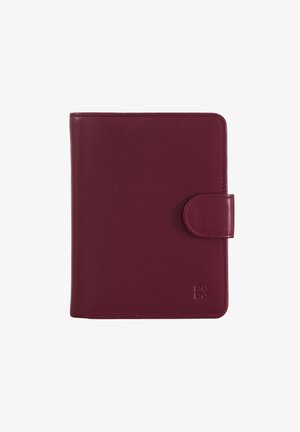 Burgundy leather wallet with a smooth texture, rectangular shape, snap closure, and embossed logo in the bottom right corner.