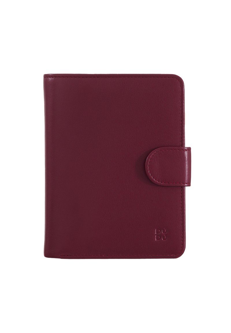 Burgundy leather wallet with a smooth texture, rectangular shape, snap closure, and embossed logo in the bottom right corner.