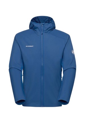 Blauwe Mammut softshelljas met capuchon, ritssluiting over de volledige lengte aan de voorkant en logo op de borst en linkermouw.