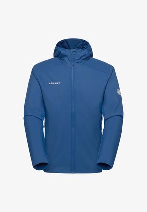 Blauwe Mammut softshelljas met capuchon, ritssluiting over de volledige lengte aan de voorkant en logo op de borst en linkermouw.