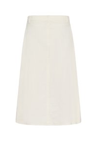 A-lijn rok van off-white katoen met een gladde textuur, halflang, met een ritssluiting en riemlussen, met subtiele stikdetails.