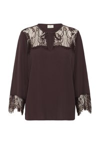 Dark brown blouse with long sleeves, featuring lace accents at the shoulders and cuffs, and a keyhole neckline with a neck tie detail.