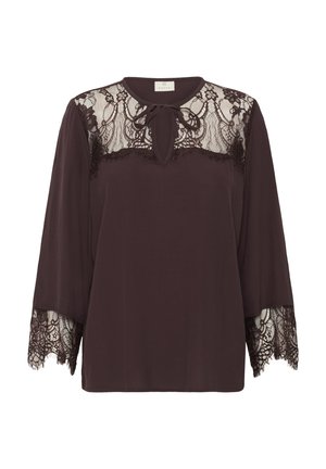 Dark brown blouse with long sleeves, featuring lace accents at the shoulders and cuffs, and a keyhole neckline with a neck tie detail.
