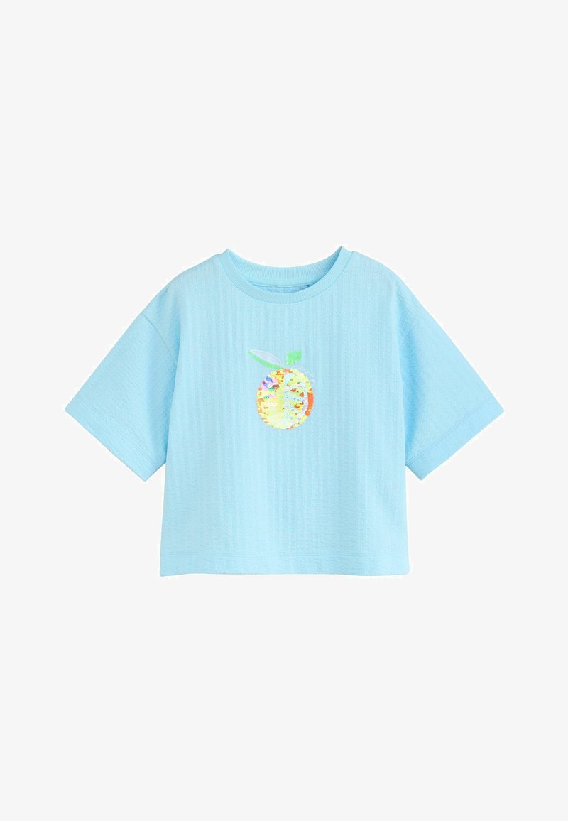 Hellblaues, kurzärmeliges, geripptes T-Shirt mit rundem Ausschnitt und einem bunten Pfirsich-Motiv in der Mitte der Brust.