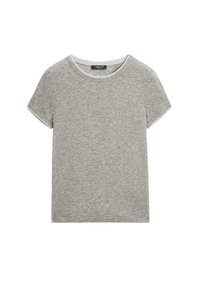 Gray short-sleeve t-shirt made of soft fabric. Classic crew neck design with a smooth texture and simple, unadorned style.
