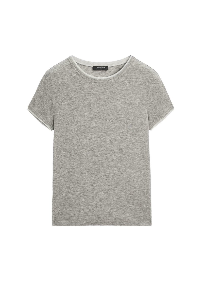 Gray short-sleeve t-shirt made of soft fabric. Classic crew neck design with a smooth texture and simple, unadorned style.