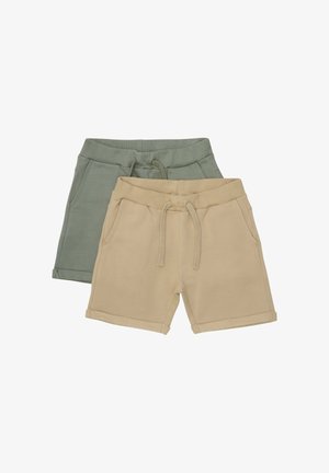 Cotton blend shorts in olive green and beige, featuring an elastic waistband, drawstring, and side pockets, with a folded hem.