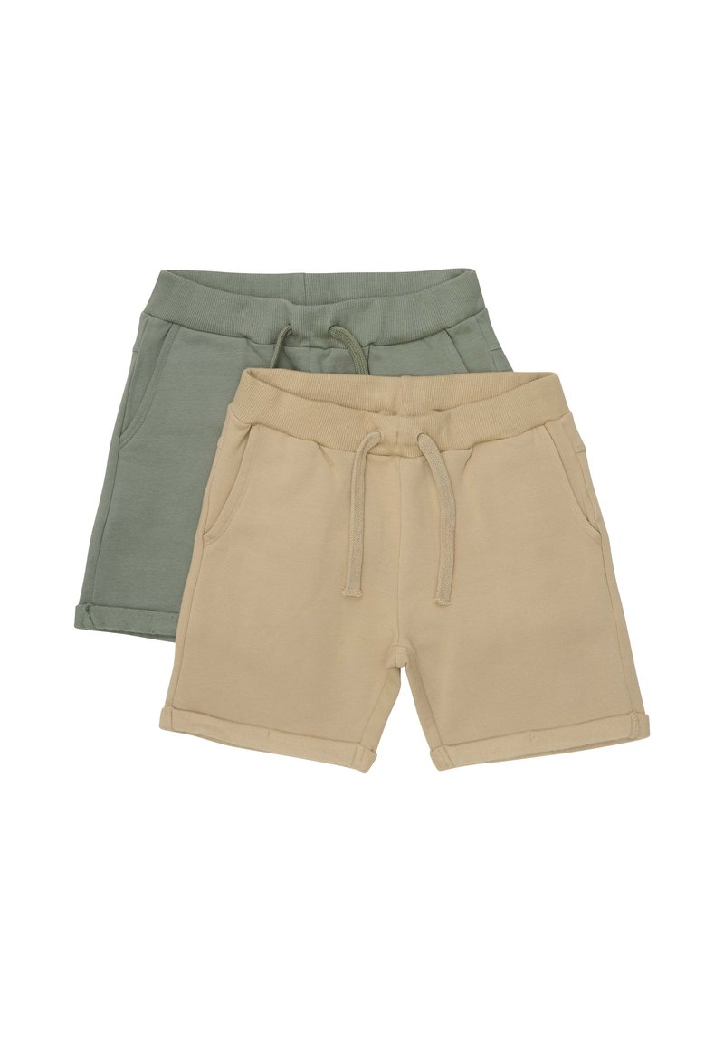 Kurze Hosen aus Baumwollmischung in Olivgrün und Beige, mit einem elastischen Bund, Kordelzug und Seitentaschen, und einem umgeschlagenen Saum.