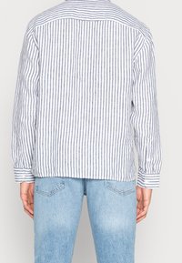 Camicia a maniche lunghe a righe in azzurro chiaro e bianco, realizzata in tessuto testurizzato. Presenta polsini con bottoni e un orlo dritto. Vista posteriore mostrata.
