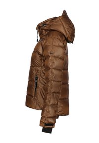 Veste en duvet marron avec une capuche, design matelassé, manches longues, poche latérale zippée et poignets élastiques. Fini lisse et brillant.