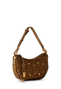 Sac à épaule en cuir brun avec un design matelassé, accessoires en métal doré, sangle réglable et fermeture éclair.