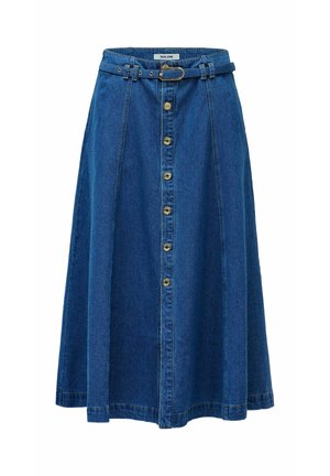 Gonna midi in denim blu scuro con vita aderente, cintura e bottoni frontali. Caratterizzata da una silhouette svasata e dettagli di cucitura a linea.