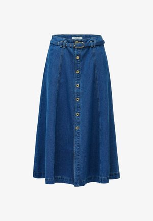 Gonna midi in denim blu scuro con vita aderente, cintura e bottoni frontali. Caratterizzata da una silhouette svasata e dettagli di cucitura a linea.