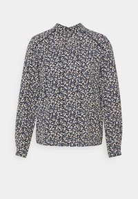 Langärmlige Bluse in Marineblau mit floralem Muster in Creme- und Goldtönen. Verfügt über einen hohen Kragen und geraffte Details an den Bündchen.