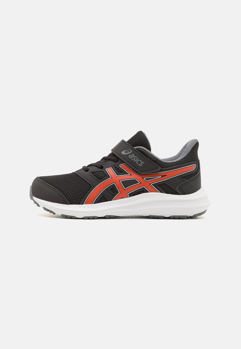 Black mesh running shoe with red accents and a hook-and-loop strap. Features a white midsole and textured rubber sole for grip.