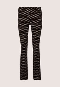 Zwarte broek met een aansluitend ontwerp, versierd met een wit vierkant patroon. Heeft een rechte pijp en een elastische tailleband.