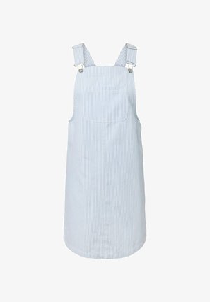 Robe salopette sans manches à rayures verticales bleu clair et blanc, avec poche poitrine avant et bretelles à boucle métallique.