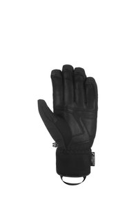 Black leather gloves with a padded black fabric cuff, featuring a structured design, detailed stitching, and a loop for attachment.
