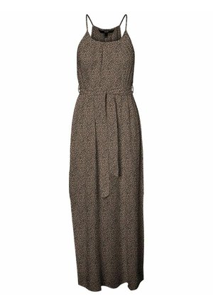 Długa, bezrękawnikowa sukienka z cienkimi ramiączkami, brązowa baza, czarny abstrakcyjny wzór z kropek oraz pasujący pasek do wiązania w talii.