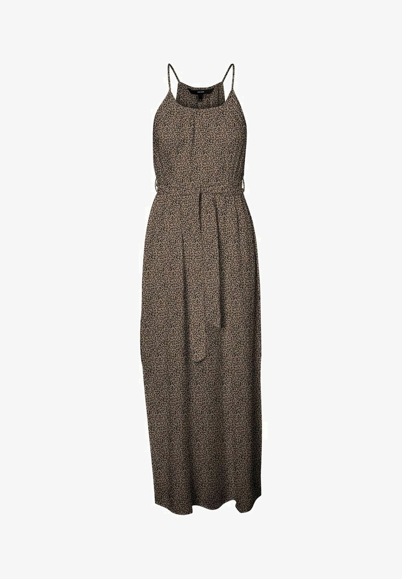 Robe longue sans manches avec fines bretelles, base marron, motif abstrait de points noirs et ceinture à nouer assortie à la taille.