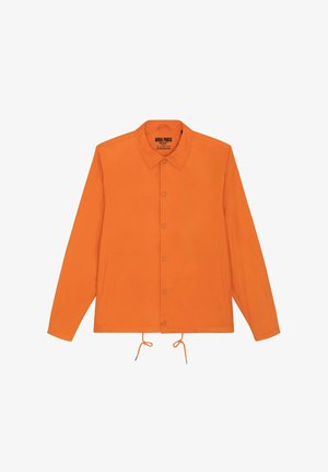 Oranje lichtgewicht jack met drukknoopsluiting, kraag, zijzakken en verstelbare trekkoorden aan de zoom.