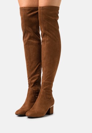 Bottes en daim marron montant au-dessus du genou avec talons carrés portées sur jambes nues sur un fond clair uni.