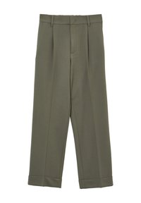Pantaloni verde oliva con design su misura, caratterizzati da gamba dritta, parte anteriore plissettata e orli con risvolto, realizzati in tessuto morbido.