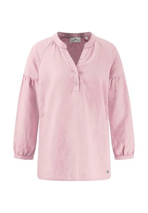 Helles rosa Langarmshirt mit V-Ausschnitt, Knopfleiste und Puffärmeln. Hergestellt aus weichem Stoff mit einer entspannten Silhouette.