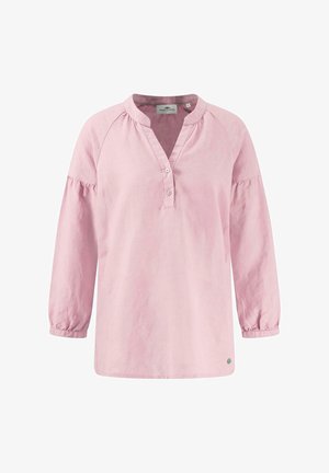 Vaaleanpunainen pitkähihainen paita, jossa on V-mallinen kaula-aukko, nappilista ja puffihihat. Valmistettu pehmeästä kankaasta, jossa on rento siluetti.