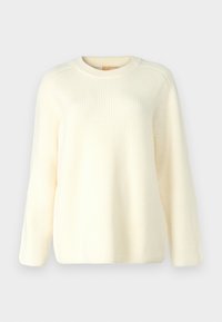 Pull en maille côtelée crème avec un col rond, des manches longues et une coupe décontractée. Texture douce avec des lignes horizontales sur toute la surface.