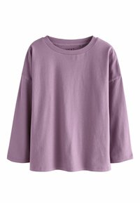 Light purple long-sleeve top made from cotton. Features a round neckline and relaxed fit with dropped shoulders. Smooth texture, no patterns.