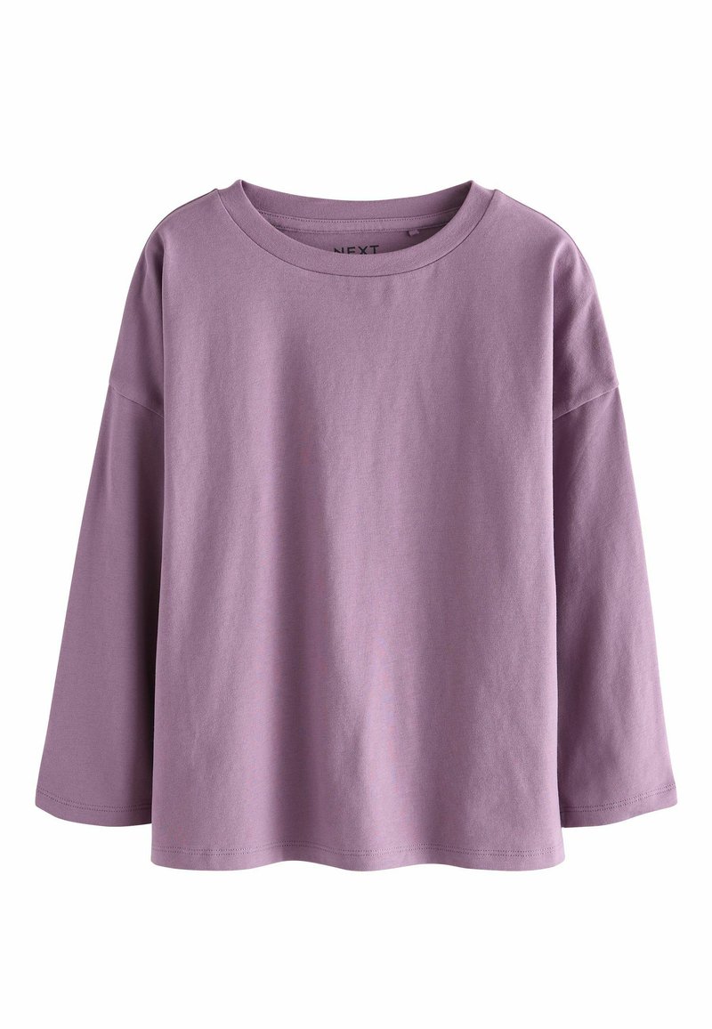 Light purple long-sleeve top made from cotton. Features a round neckline and relaxed fit with dropped shoulders. Smooth texture, no patterns.