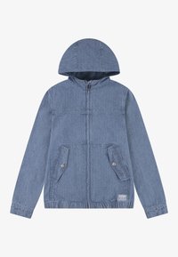 Jeansjacka i ljusblått med huva, dragkedja framtill, elastiska ärmslut och två framfickor med knappar.