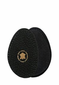 Black leather insoles shaped like eggs, featuring a textured surface with perforations and a gold embossed logo at the center.