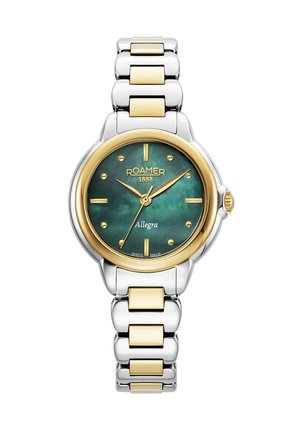 Orologio Roamer Allegra con quadrante iridescente verde, dettagli in tono oro, bracciale in acciaio inossidabile argento e oro, e indicatori delle ore a punto.
