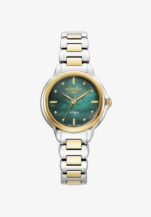 Roamer Allegra ur med en grøn iriserende skive, guldfarvede accenter, armbånd i sølv- og guld rustfrit stål samt punkttimer.