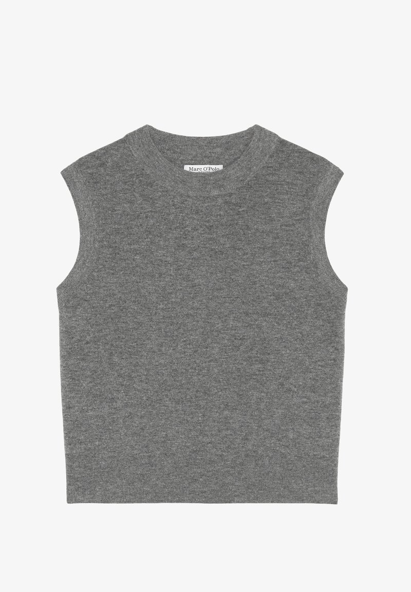 Gilet en tricot gris sans manches avec col rond, fabriqué par Marc O’Polo, présenté à plat sur fond blanc.