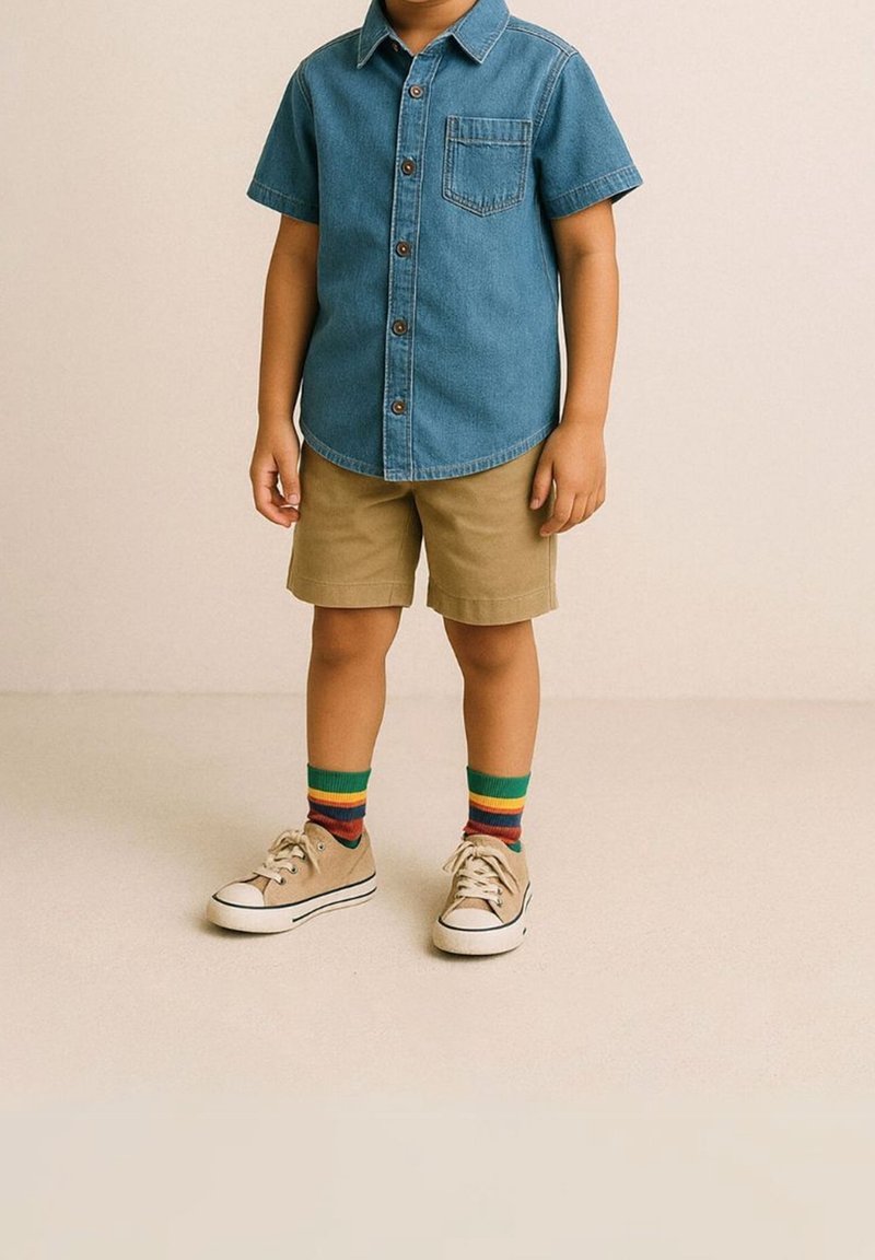 Koszula z dżinsu z krótkim rękawem, khaki szorty, wielokolorowe skarpetki w paski oraz beżowe tenisówki. Koszula ma kieszeń na piersi i brązowe guziki.