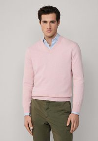 Uomo che indossa un maglione a V rosa chiaro sopra una camicia a righe blu e bianca, con pantaloni verde oliva, in piedi contro uno sfondo chiaro e uniforme.